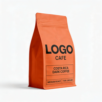 Sachet d'emballage de café personnalisé imprimé orange à fond plat avec valve unidirectionnelle, fermeture éclair refermable et languette déchirable, vente en gros