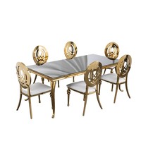 Ensemble table et chaises modernes en acier inoxydable doré, meubles de banquet rectangulaires en verre miroir pour hôtel et restaurant
