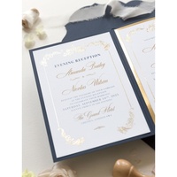 Carte de vœux de mariage classique de luxe bleu marine et or, impression typographique dorée, pelliculage, papier fantaisie, 3 inserts, marque personnalisée