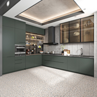 Meubles de cuisine OPPEIN en forme de L, aspect métallique, forte capacité de rangement, peinture laquée, avec comptoir en quartz