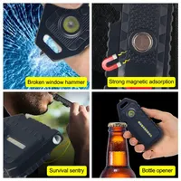 Senter Mini Portabel Multifungsi Aluminium Outdoor dengan Carabiner, USB, Tahan Air, Peluit Survival, Gantungan Kunci, Pisau, dan Peralatan