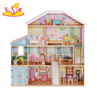 Rumah Boneka Kayu dengan Perlengkapan Furnitur, Balkon, Taman, dan Kamar yang Lengkap, Mainan Peran untuk Anak-anak W06A358C