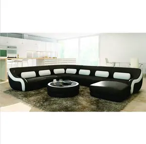 Furnitur ruang tamu Modern, sofa sudut kulit hitam bentuk U, set furnitur ruang tamu