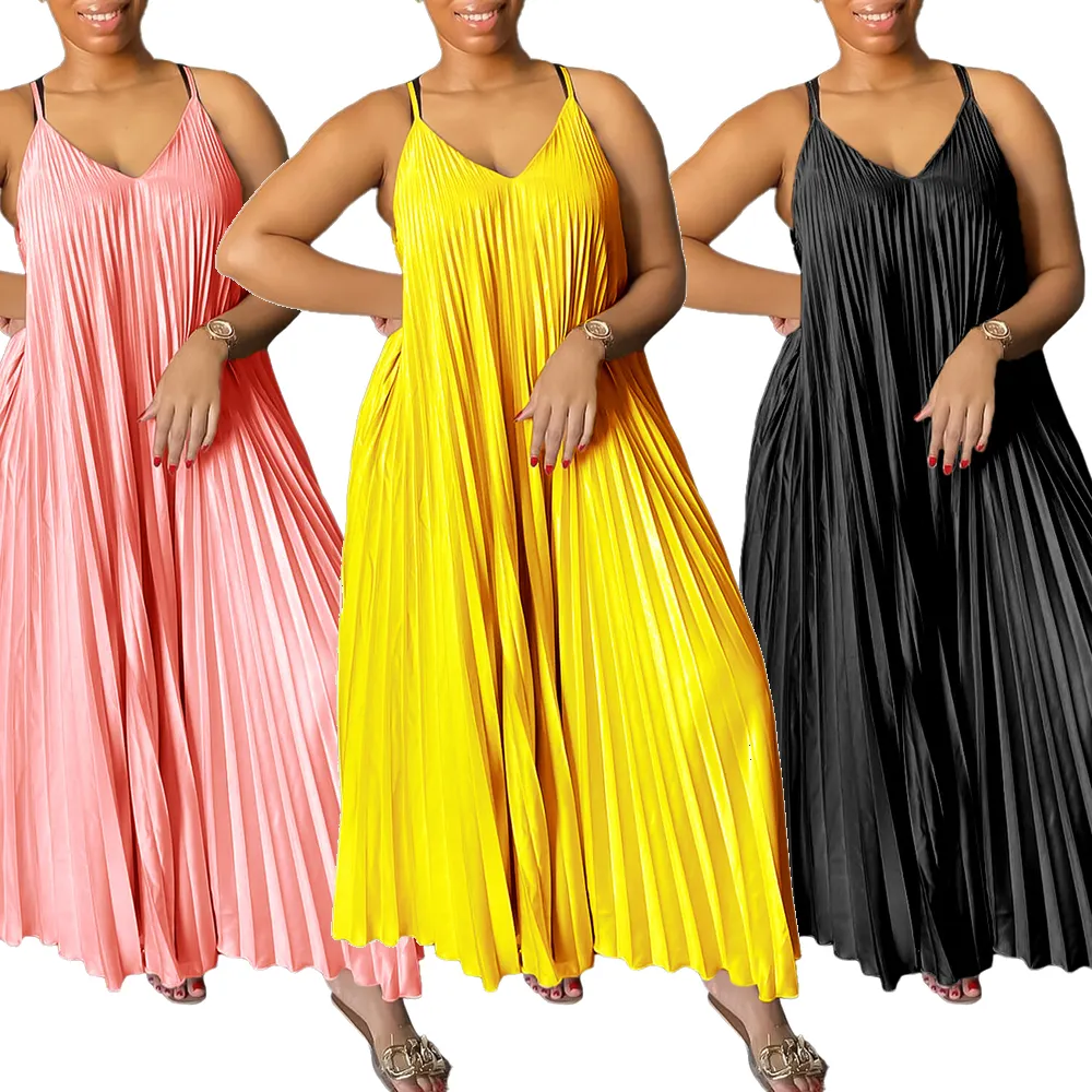 NOVEDAD DE VERANO 2024, vestidos africanos con tirantes finos, cuello en V, Color sólido, moda Sexy de talla grande, vestido largo Maxi plisado para mujer