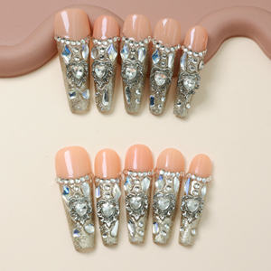 Faux ongles à presser faits main, longs, en acrylique de luxe, forme cercueil, couvrance totale, avec strass étoiles, prix usine en gros - Product Image 2