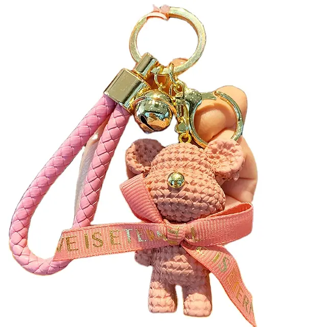 New Leather Weave Rope DIY Bear Keychain, Cartoon Cute Animal Doll Keyring /Women Couple Bag Car Charm Key Chain Gift