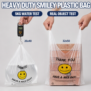 <span class=keywords><strong>Sac</strong></span> de courses en plastique HDPE blanc imprimé avec un visage souriant, à prix avantageux, recyclable, respectueux de l'environnement, avec poignée, « Merci, Bonne Journée » - Product Image 4