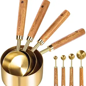 8件镀金量杯量勺带木柄烘焙工具套装不锈钢小煎锅带刻度