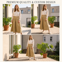 Pantalon Gaucho plissé en coton et lin kaki à taille élastique, style japonais minimaliste, coupe Lagenlook, personnalisable OEM, marque privée, faible MOQ