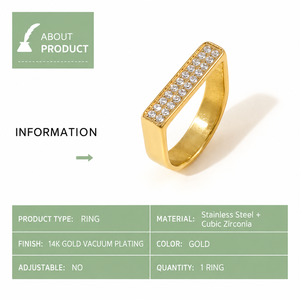 Gold Stainless <b>Steel</b> Cubic Zirconia Geometric Bar <b>Ring</b> with 14K Gold Vacuum Plating - Product Image 4