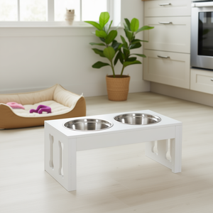 แท่นให้อาหารสุนัขยกสูงทำจากไม้สีขาว พร้อมชามสแตนเลส สำหรับสุนัขในบ้าน ดีไซน์ทันสมัย ชามอาหารสัตว์เลี้ยงแบบ 2 in 1 - Product Image 2