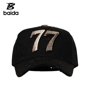 <b>Black</b> Jacquard Embossed Common Fabric <b>Baseball</b> <b>Cap</b> 3D Metal Number 77 Rhinestone Bling Unisex Street Sombrero Gold Copper Buckle - Product Image 1