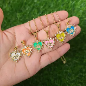 NZ1280 Fashion Gold Plated Rainbow Enamel Evil Eyes Heart I see you Pendant Paperclip Chain Necklaces for Women 2021