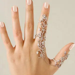 Anillo de eslabones de cadena para mujer y niña, sortija de doble dedo con diamantes de imitación Vintage, accesorios de joyería para fiesta