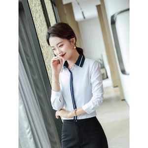 Women Blue Fitted Shirt Long Sleeve Solid Color Contrast Collar Office Commute Style Poplin Fabric Button <b>Down</b> Shirt - Product Image 4