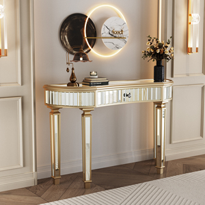 Half Moon <b>Mirrored</b> <b>Console</b> Table 47 In Fluted Glass Drawer Crystal Knob Vanity Desk For Bedroom Dressing Area - Product Image 6