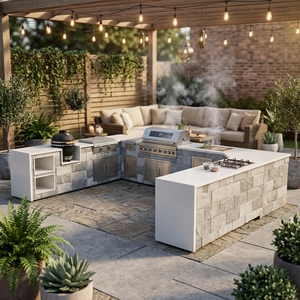 Isla de <span class=keywords><strong>Cocina</strong></span> Exterior Tipo U Personalizada de 180 Pulgadas con Parrilla de Gas, Certificación CE <span class=keywords><strong>AGA</strong></span>, <span class=keywords><strong>Cocina</strong></span> Todo en Uno para Exteriores - Product Image 1