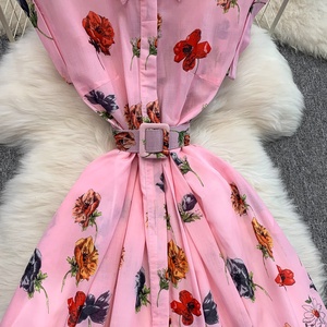 Vestido de Gasa con Cuello Estampado Estilo Retro para Mujer, Vestido de Verano con Botones - Product Image 5