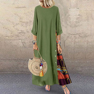 Robe longue décontractée de luxe en coton et lin pour femme, style vintage, taille empire, manches 3/4, collection automne 2025 - Product Image 2