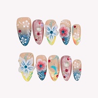 Faux ongles à presser pour vacances à la plage, motif floral, dégradé bleu-jaune, fleur 3D, coquillage métallique, motif dauphin, strass colorés et décoration de perles