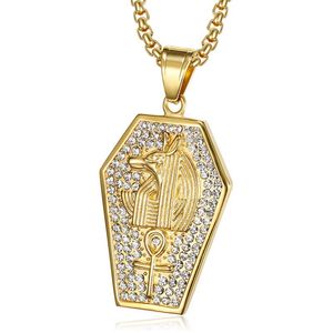 Western Hip Hop Jewelry <b>Titanium</b> Steel Gold Plated Anubis Pendant Necklace With Diamond Inlay Hexagon Shape Gift - Product Image 5