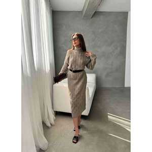 Robe pull en maille ceinturée pour femme, col roulé, épaules dénudées, beige, taille S - Product Image 4