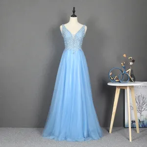 Robe de soirée en Tulle, rouge vin/bleu, col en V, dos nu, perlée, paillettes brillantes, robes de bal pour femmes, nouvelle collection 2020