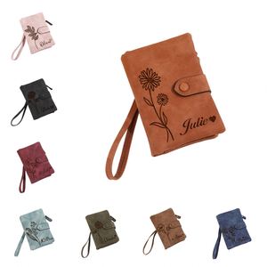 Personalized Classic Month Flower <b>Wallet</b> Women Custom <b>Engraved</b> Name Card Holder Wristlet Strap PU Leather Purse Wedding - Product Image 1