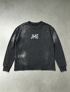 JME Men's <b>Long</b> Sleeve <b>T</b>-<b>Shirt</b> Oversized Washed <b>Black</b> Cotton Jersey Street Style O-Neck Letter Print - Product Image 1