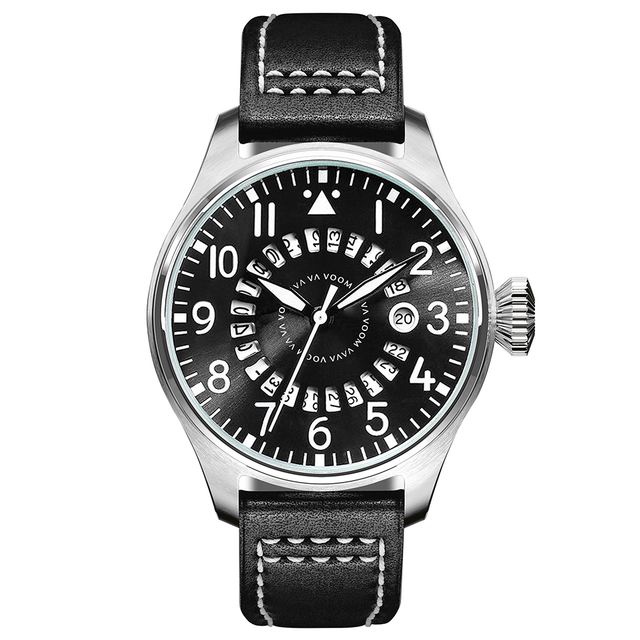 Vintage Mens Pilot Style Watch Rotating Date Wheel Dial Black Leather Strap Quartz Wristwatch