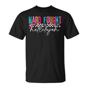 Camiseta con versículo bíblico cristiano Hard Fought Hallelujah, diseño unisex de manga corta en negro - Product Image 1