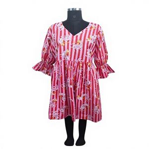 Robe de soirée longue en coton et velours côtelé pour femme, imprimé floral, col en V, manches cloche 3/4, boutonnée, coupe trapèze - Product Image 1