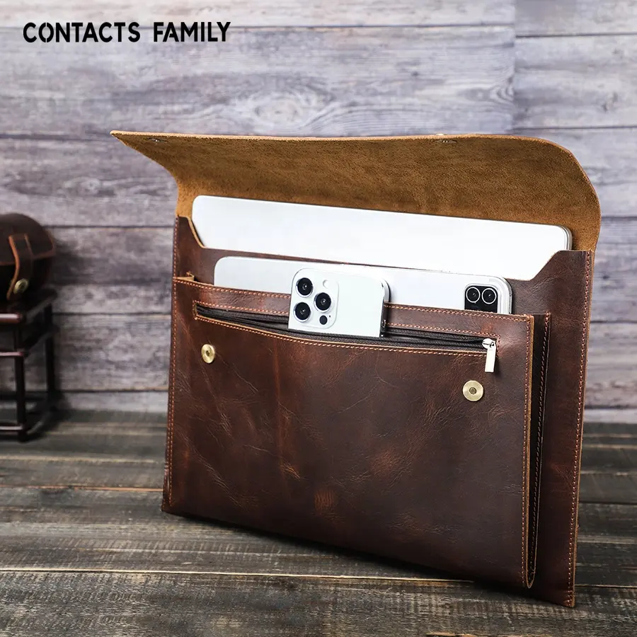 CONTACTS FAMILY Vintage Crazy Horse Oil Leather Laptop Bag Laptop Sleeve Case for Macbook Pro 16 inch Air m2 m1