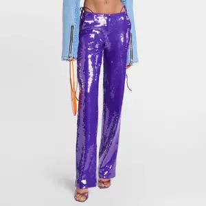 Pantaloni a gamba larga con paillettes viola da donna di nuovo design all'ingrosso personalizzati