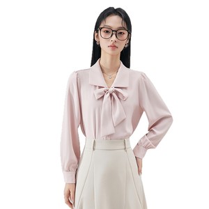 White Bow Blouse Women Long Sleeve Solid Color Office Shirt <b>Polyester</b> Poplin Formal Wear Commute Interview Top - Product Image 5