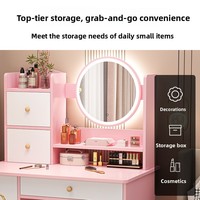 Coiffeuse de maquillage moderne avec miroir LED rond, tiroirs et étagères de rangement, et tabouret papillon pour chambre à coucher