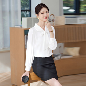 White Long Sleeve Shirt For Women Spring Autumn Work Formal Top Slim Fit Solid Color Polyester Blouse - Product Image 4