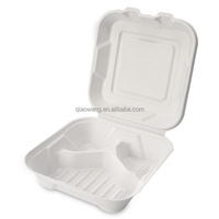 Boîte à lunch jetable à clapet en bagasse biodégradable de 9 pouces à 3 compartiments avec couvercle à charnière pour restaurant et hôtel