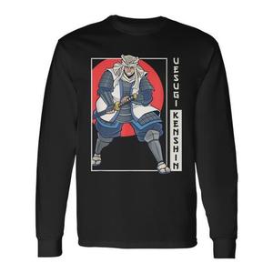 Camiseta de manga larga Samurai Uesugi Kenshin con diseño de guerrero de anime, camiseta negra con cuello redondo para hombre - Product Image 1