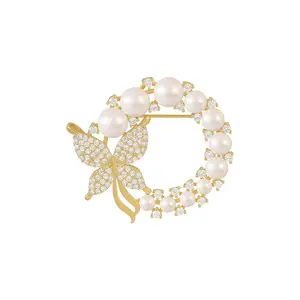 New Pearl and Rhinestone Circle Brooches for Women Baroque Trendy Elegant Butterfly Brooch Pins Party Wedding Gifts