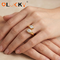 Bague ouverte LUCKYJIU personnalisée en acier inoxydable plaqué or 18 carats, étanche, sertie de deux perles de zircon cubique, pour femme