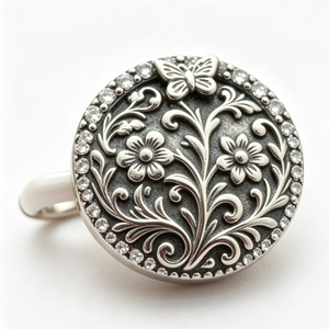 Épinglette circulaire en alliage de zinc plaqué argent avec motif floral en relief et bordure en cristal, objet de collection artistique - Product Image 5