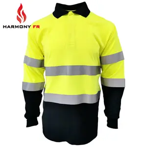 Construction Safety FR Cotton Clothing Reflective Blue Hi Vis Polo Work Wear Long Sleeve Flame Resistant T Shirt With Pockets