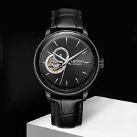 Herren Automatische Mechanische Uhr mit Offenem Zifferblatt und Lederarmband für Business und Alltag