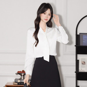 Yellow <b>Satin</b> Long Sleeve <b>Blouse</b> With Tie Neck Office Wear Women's Shirt Solid Color Polyester Q6256 - Product Image 3