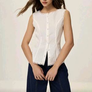 Chemisier en coton et lin à volants pour femme, idéal pour les vacances à la plage, chemise élégante en dentelle, tendance - Product Image 1
