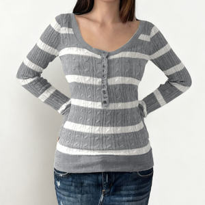 Suéter Acogedor de Punto Trenzado a Rayas - Top Otoñal de Cuello Redondo Suave para Mujer en Viscosa/Poliéster con Ajuste Relajado e Informal - Product Image 4