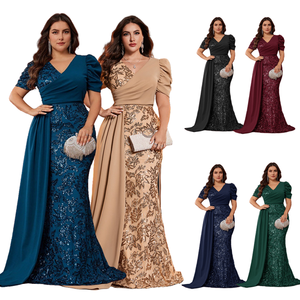 Abiti da sera di lusso taglie forti da donna, senza maniche, scollo a V, in raso e pizzo, modello a trapezio, per damigelle d'onore - Product Image 3