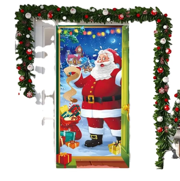 Custom 78 X 35.4 Inch Santa Claus Xmas Christmas Door Hanging Cover Banner Backdrop For Christmas Party Decorations