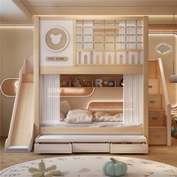 Camas Literas con Forma de Dibujos Animados JS FURNITURE, Cama Infantil con Almacenamiento, Cama de Madera Maciza, Muebles Infantiles para Dormitorio, Cama con Tobogán para Niño